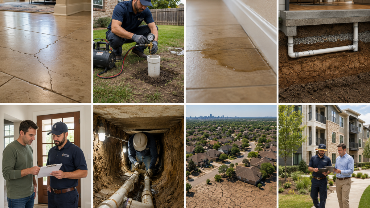 Collage of eight images showing foundation repair and plumbing scenarios, including slab cracks, hydrostatic testing, slab leak signs, underground plumbing, repair work, and Austin residential properties.