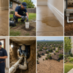 Collage of eight images showing foundation repair and plumbing scenarios, including slab cracks, hydrostatic testing, slab leak signs, underground plumbing, repair work, and Austin residential properties.