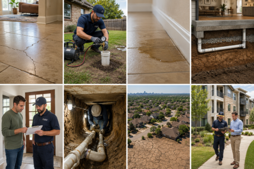 Collage of eight images showing foundation repair and plumbing scenarios, including slab cracks, hydrostatic testing, slab leak signs, underground plumbing, repair work, and Austin residential properties.