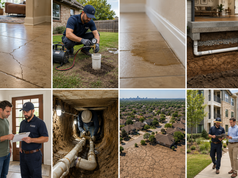 Collage of eight images showing foundation repair and plumbing scenarios, including slab cracks, hydrostatic testing, slab leak signs, underground plumbing, repair work, and Austin residential properties.