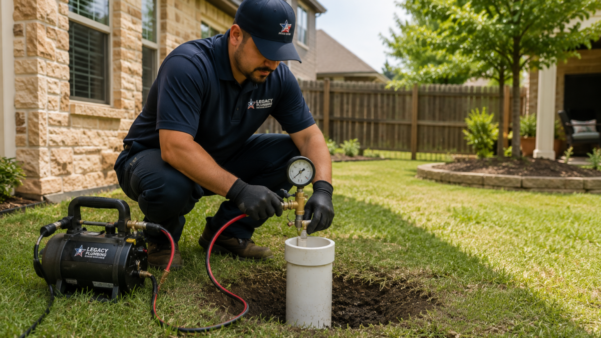 Licensed plumber performing a hydrostatic pressure test at a residential cleanout pipe.