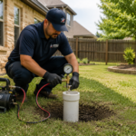 Licensed plumber performing a hydrostatic pressure test at a residential cleanout pipe.