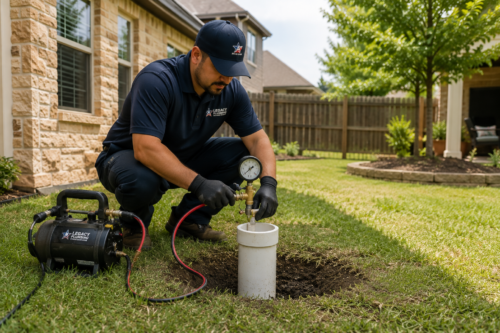 Licensed plumber performing a hydrostatic pressure test at a residential cleanout pipe.