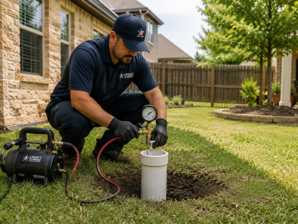 Licensed plumber performing a hydrostatic pressure test at a residential cleanout pipe.